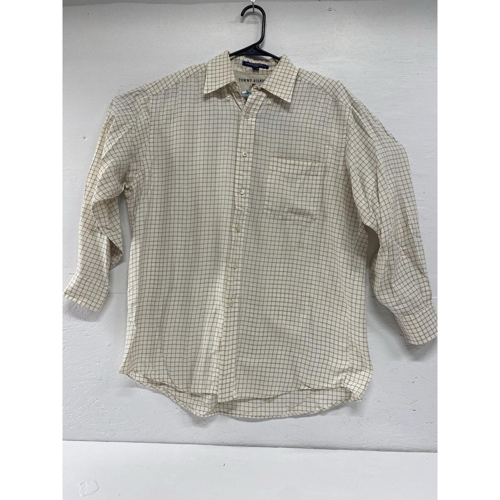 Vintage Tommy Hilfiger Mens Button Down Shirt Cream Tan Plaid Size Large